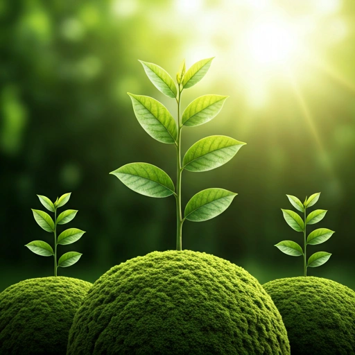 Young green sapling growing out of rich dark soil, held by hands in gardening gloves with soft natural lighting